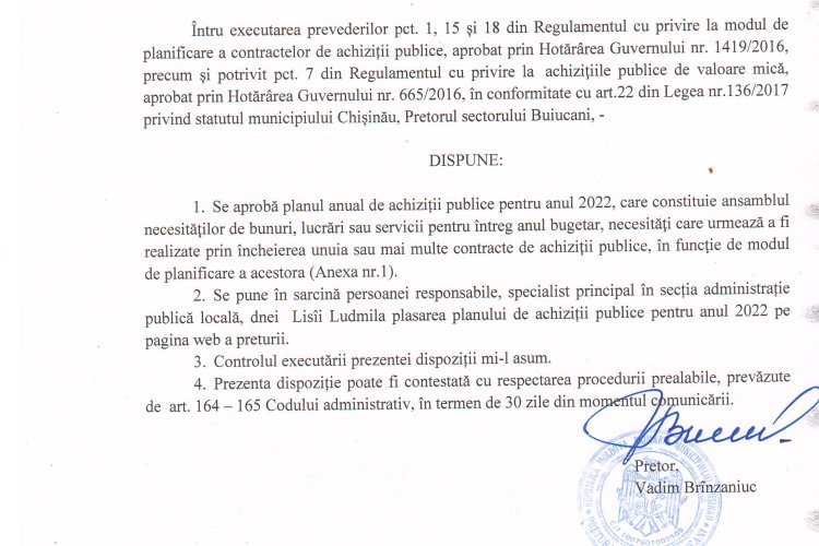 Dispoziție Nr.01-d din 13.02.2022 Cu privire la aprobarea planului de achiziții publice pentru anul 2022. - sectorului Buiucani